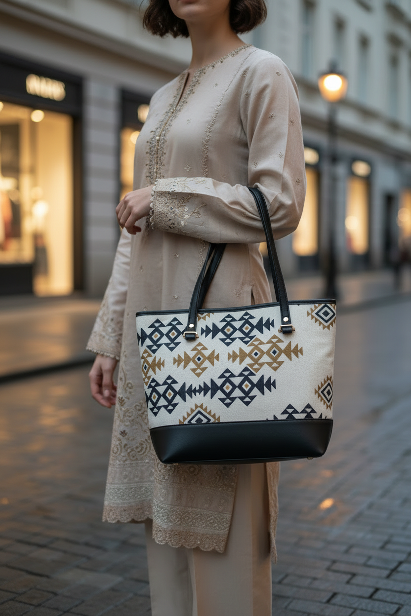 Geometric Print Tote Bag with Matching Pouch