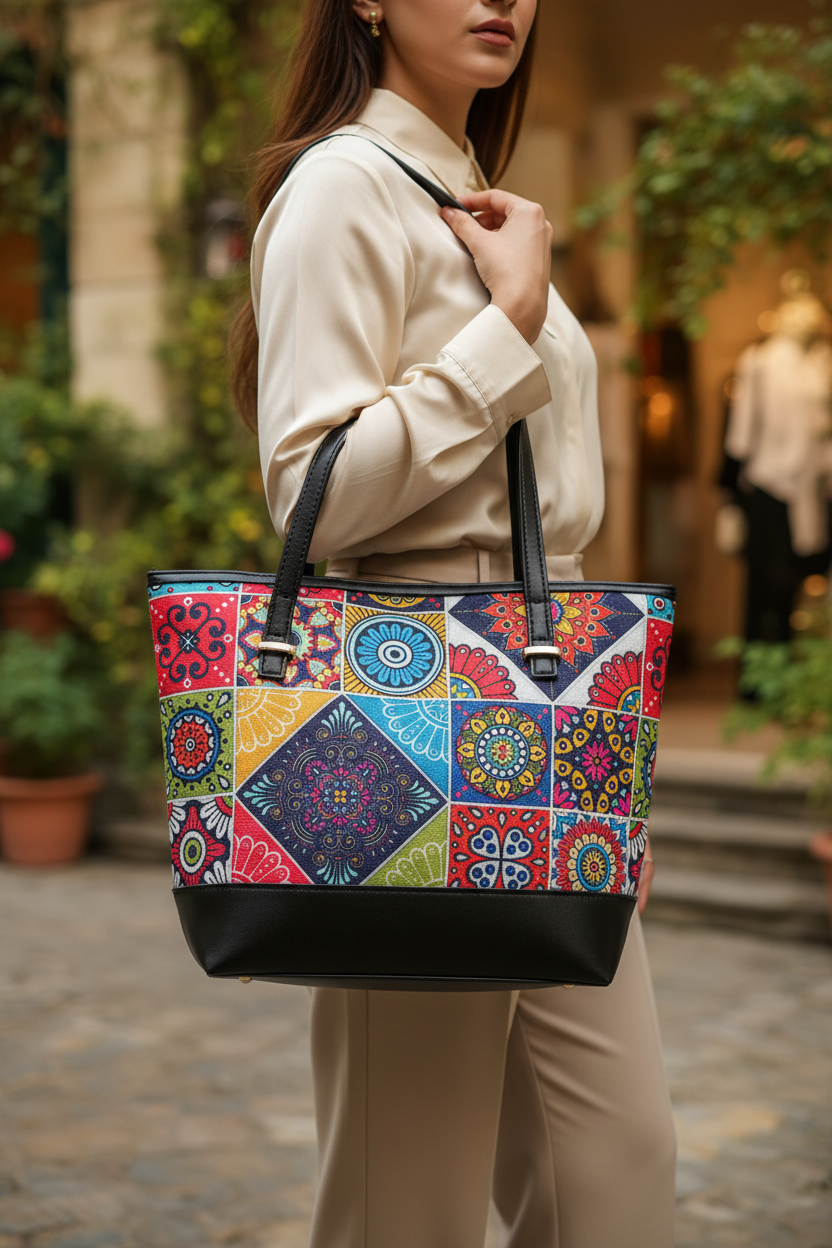 Woman wearing the colorful tote, face outside the frame