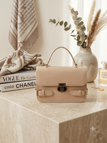 Nude Patent Buckle Top-Handle Bag – Beige