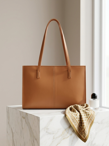 Cognac structured tote bag with long handles styled on a marble pedestal