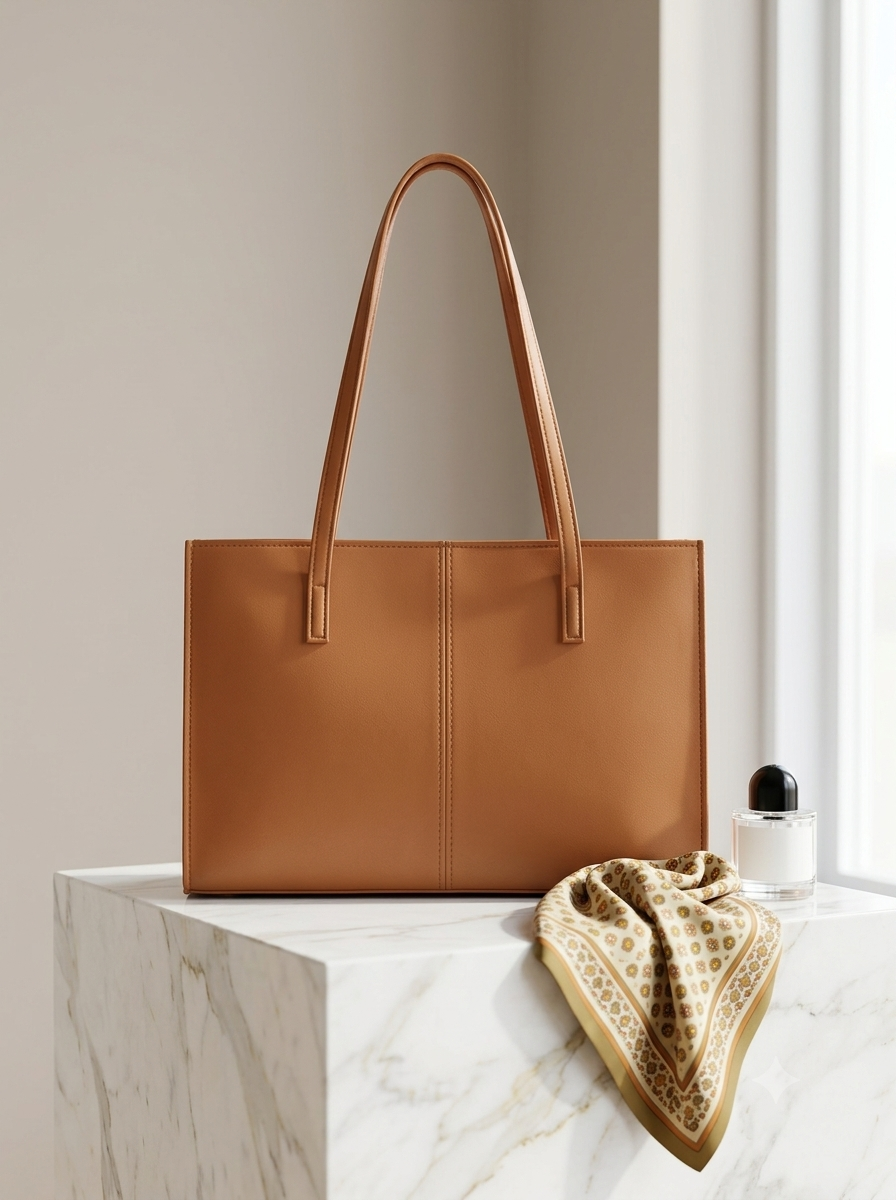 Cognac structured tote bag with long handles styled on a marble pedestal