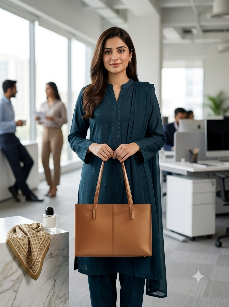 Cognac structured tote bag with long handles styled on a marble pedestal
