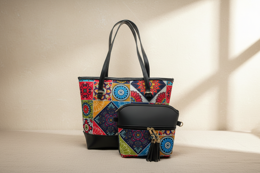 Woman wearing the colorful tote, face outside the frame