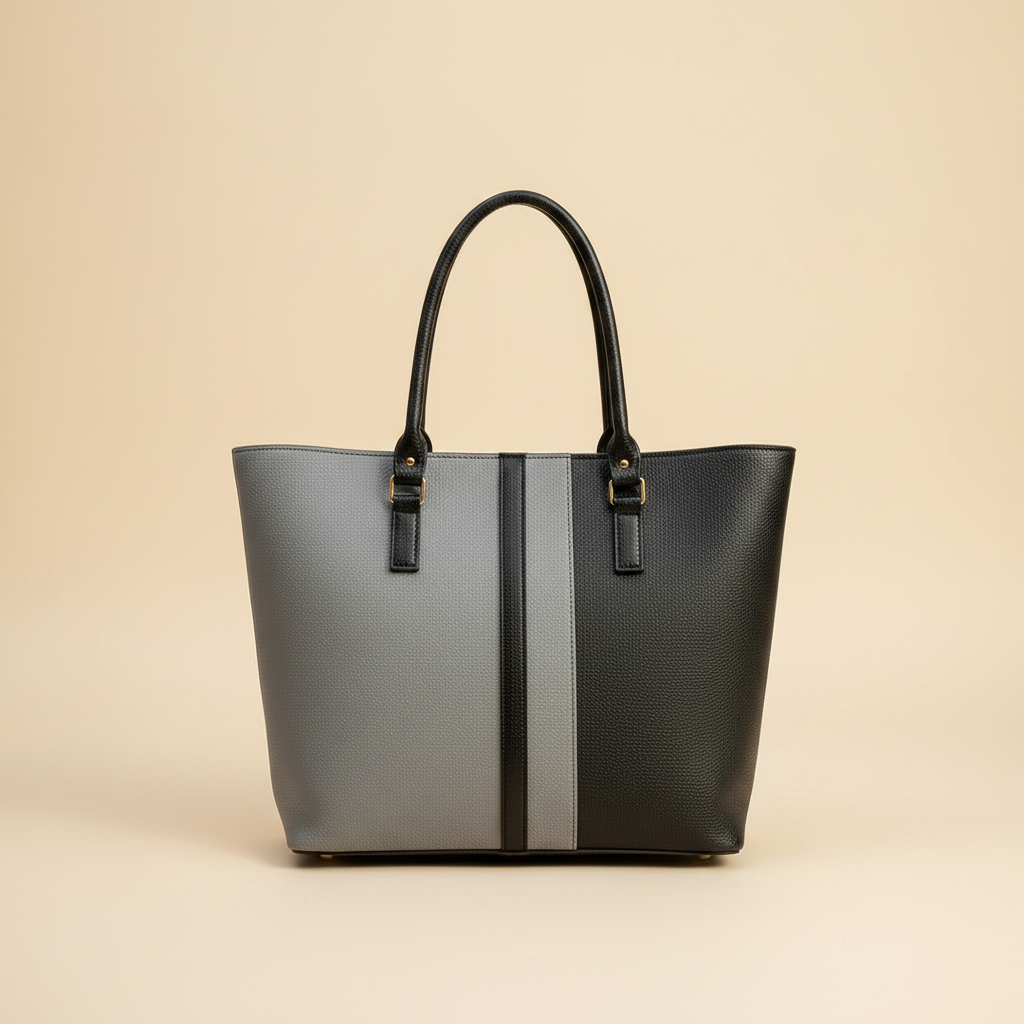 Smiling Pakistani woman in a chic outfit carrying a two-tone grey and black structured tote bag over her left shoulder