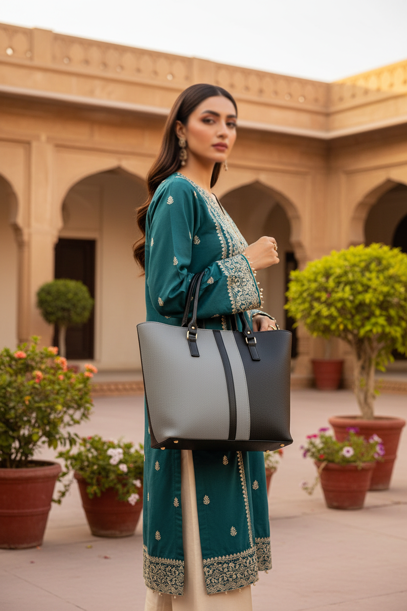 Pakistani model confidently carrying a two-tone grey and black structured tote bag on her right shoulder