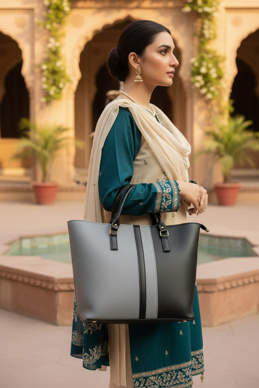 Two-tone grey and black structured tote bag styled with an elegant teal and cream traditional outfit
