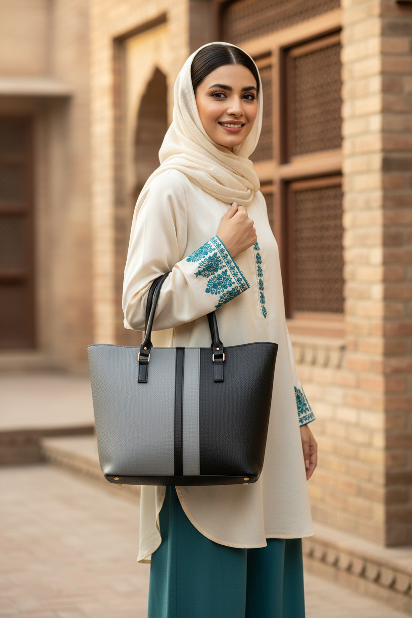 Smiling Pakistani woman in a chic outfit carrying a two-tone grey and black structured tote bag over her left shoulder