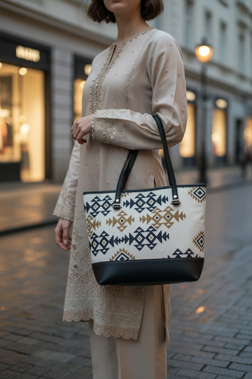 Geometric Print Tote Bag with Matching Pouch
