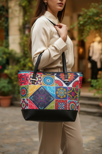 Woman wearing the colorful tote, face outside the frame